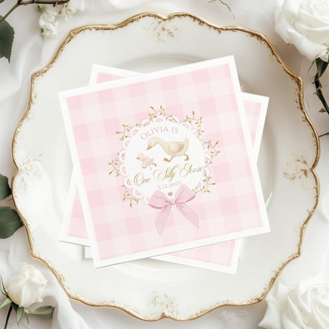 One Silly Goose Pink Gingham 1st Birthday Bow Napkin (Creator Uploaded)
