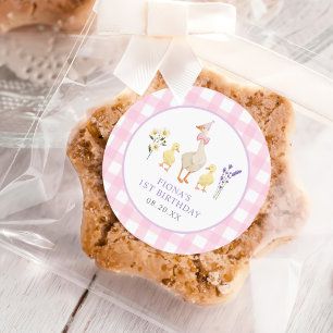 One Silly Goose Pink Gingham 1st Birthday Classic Round Sticker