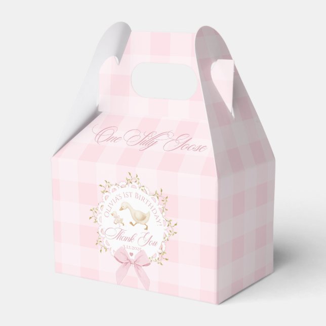 One Silly Goose Pink Gingham 1st Birthday Favour Box (Front Side)