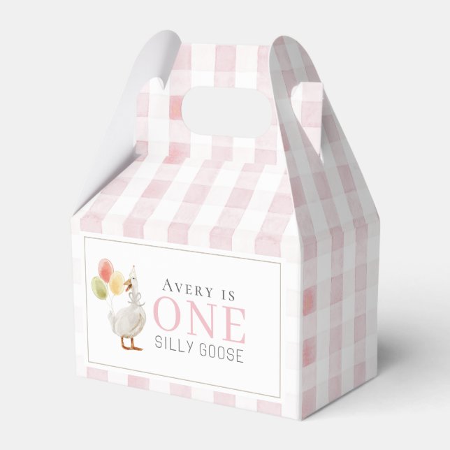One Silly Goose Pink Gingham 1st Birthday Favour Box (Front Side)