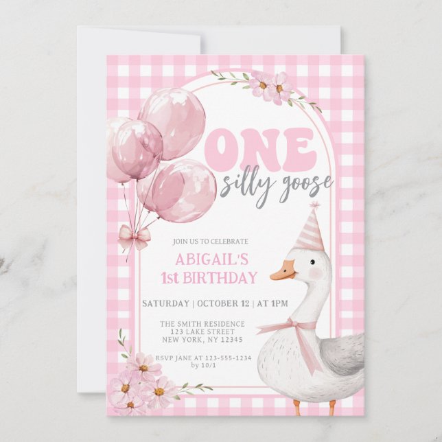 ONE SILLY GOOSE PINK GINGHAM 1ST BIRTHDAY INVITATION (Front)