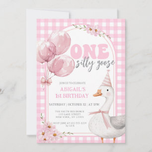 ONE SILLY GOOSE PINK GINGHAM 1ST BIRTHDAY INVITATION