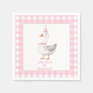 ONE SILLY GOOSE PINK GINGHAM 1ST BIRTHDAY NAPKIN