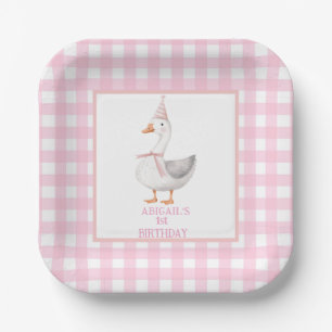 ONE SILLY GOOSE PINK GINGHAM 1ST BIRTHDAY PAPER PLATE