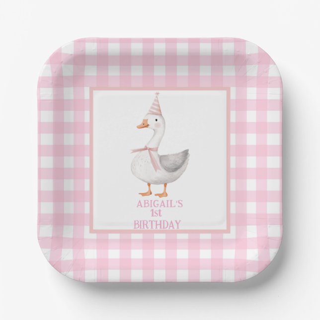 ONE SILLY GOOSE PINK GINGHAM 1ST BIRTHDAY PAPER PLATE (Front)