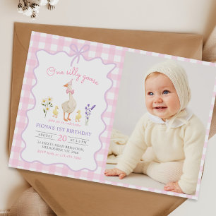 One Silly Goose Pink Gingham 1st Birthday Photo Invitation