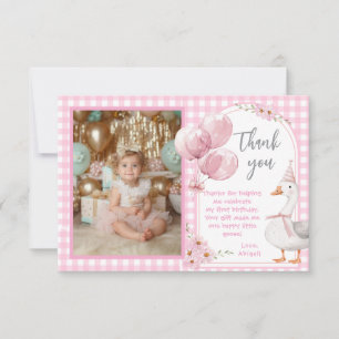 ONE SILLY GOOSE PINK GINGHAM 1ST BIRTHDAY THANK YOU CARD