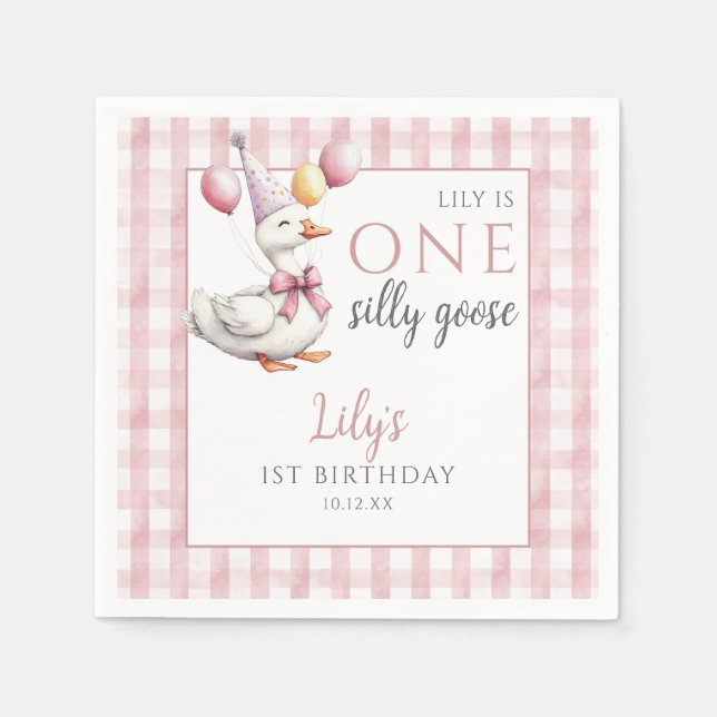 One Silly Goose Pink Gingham Balloons Birthday Napkin (Front)