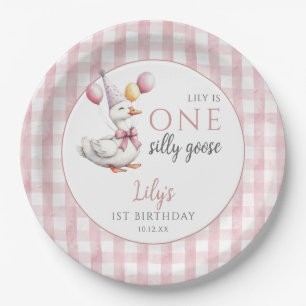 One Silly Goose Pink Gingham Balloons Birthday Paper Plate