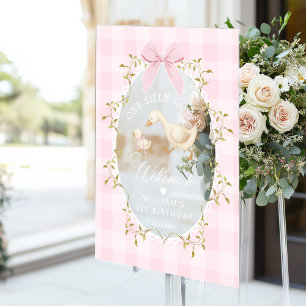 One Silly Goose Pink Gingham Birthday Welcome Acrylic Sign