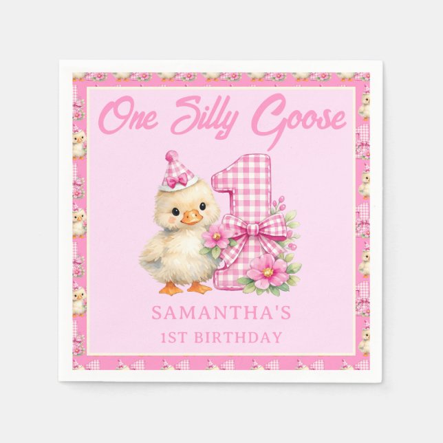 One Silly Goose Pink Gingham Bow 1st Birthday Napkin (Front)