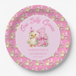 One Silly Goose Pink Gingham Bow 1st Birthday Paper Plate