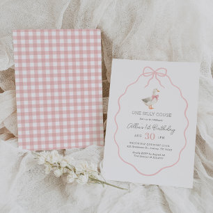 One Silly Goose Pink Gingham Bow Girl 1st Birthday Invitation