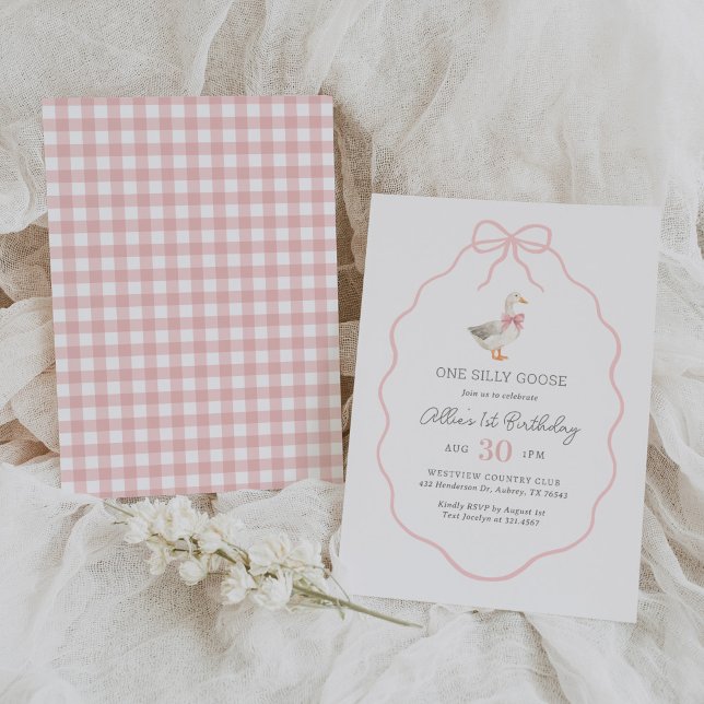 One Silly Goose Pink Gingham Bow Girl 1st Birthday Invitation (Creator Uploaded)