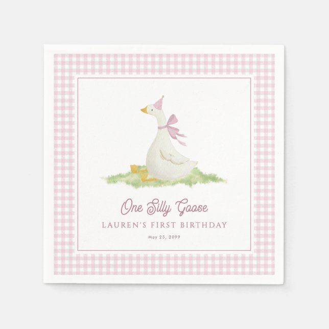 One Silly Goose Pink Gingham First Birthday  Napkin (Front)