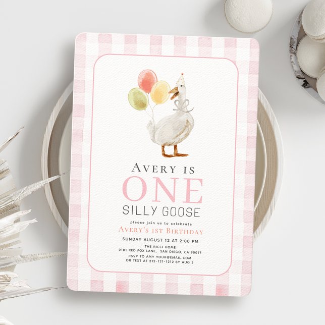 One Silly Goose Pink Gingham Girl 1st Birthday Invitation (Creator Uploaded)