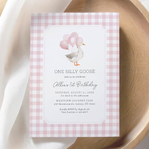 One Silly Goose Pink Gingham Girl 1st Birthday Invitation