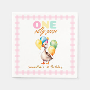 One Silly Goose Pink Gingham Girl 1st Birthday Napkin