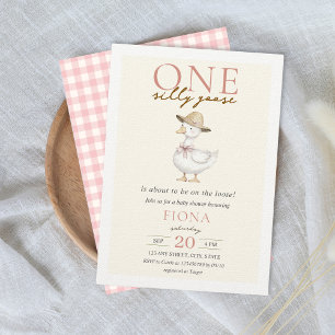 One Silly Goose Pink Gingham Girl Baby Shower Invitation