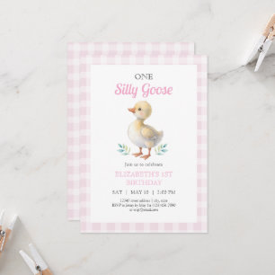 One Silly Goose Pink Gingham Girl First Birthday Invitation