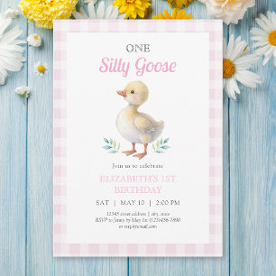 One Silly Goose Pink Gingham Girl First Birthday Invitation