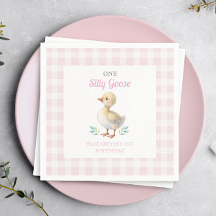One Silly Goose Pink Gingham Girl First Birthday Napkin