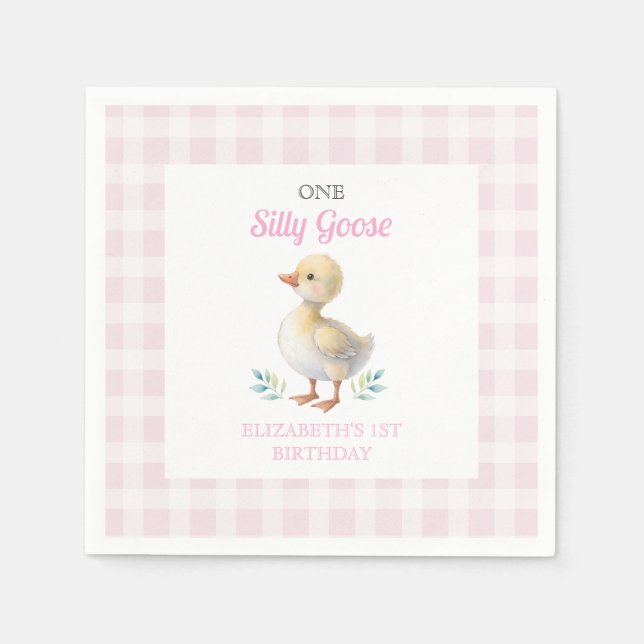 One Silly Goose Pink Gingham Girl First Birthday Napkin (Front)