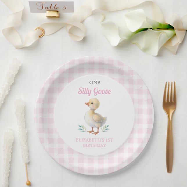 One Silly Goose Pink Gingham Girl First Birthday Paper Plate (Wedding)