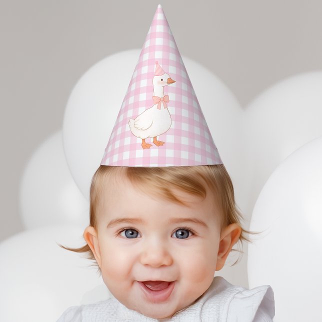 One Silly Goose Pink Gingham Girl First Birthday Party Hat (Creator Uploaded)