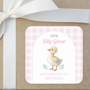One Silly Goose Pink Gingham Girl First Birthday Square Sticker