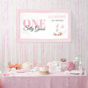 One silly goose, pink gingham girl's 1st birthday banner