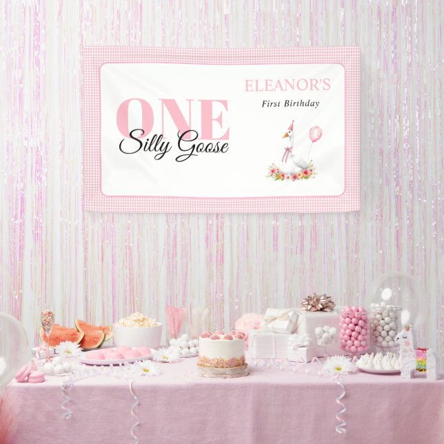 One silly goose, pink gingham girl's 1st birthday banner (Party)