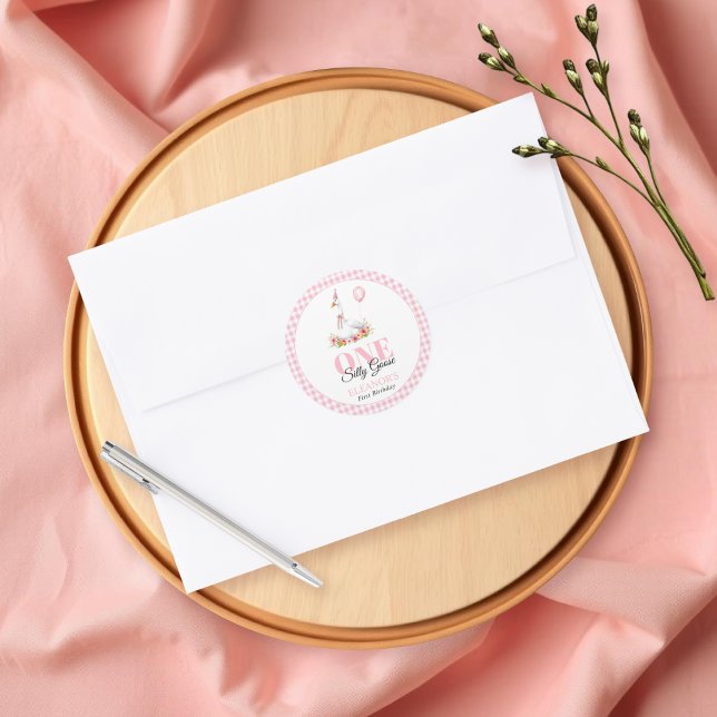 One silly goose, pink gingham girl's 1st birthday classic round sticker (Creator Uploaded)