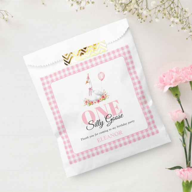 One silly goose, pink gingham girl's 1st birthday favour bags (Sealed)