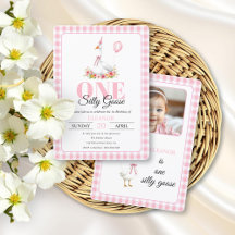 One silly goose, pink gingham girl's 1st birthday 