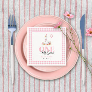 One silly goose, pink gingham girl's 1st birthday napkin