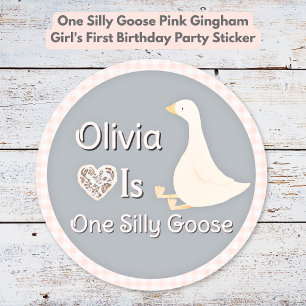 One Silly Goose Pink Gingham Girl's Birthday Party Classic Round Sticker