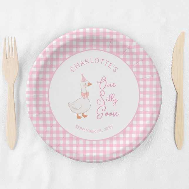 One Silly Goose Pink Gingham Rustic First Birthday Paper Plate (Creator Uploaded)