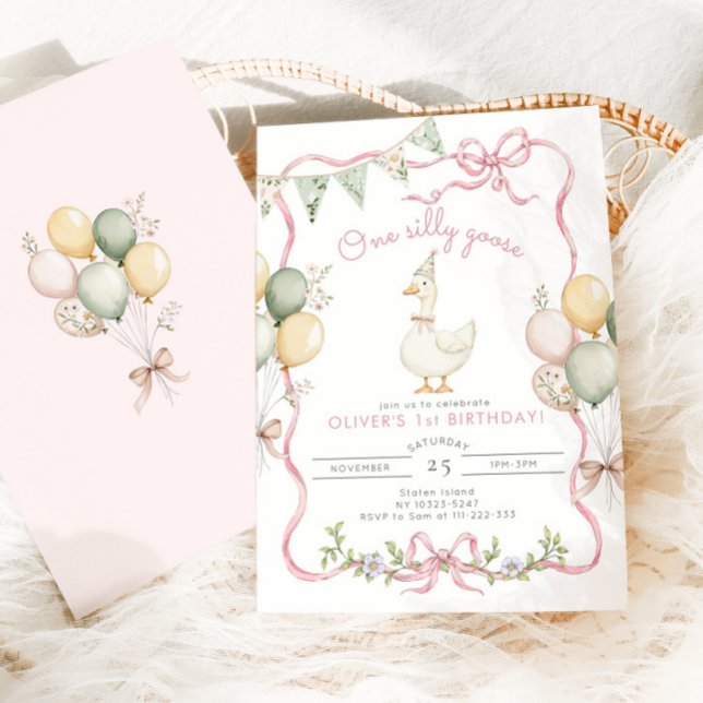 One Silly Goose Pink Girl 1st Birthday Invitation (Creator Uploaded)