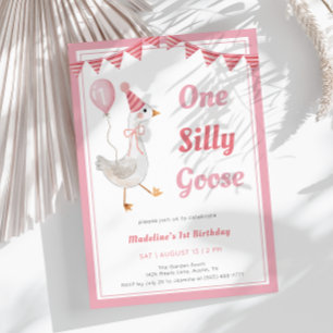 One Silly Goose Pink Girl 1st Birthday Invitation
