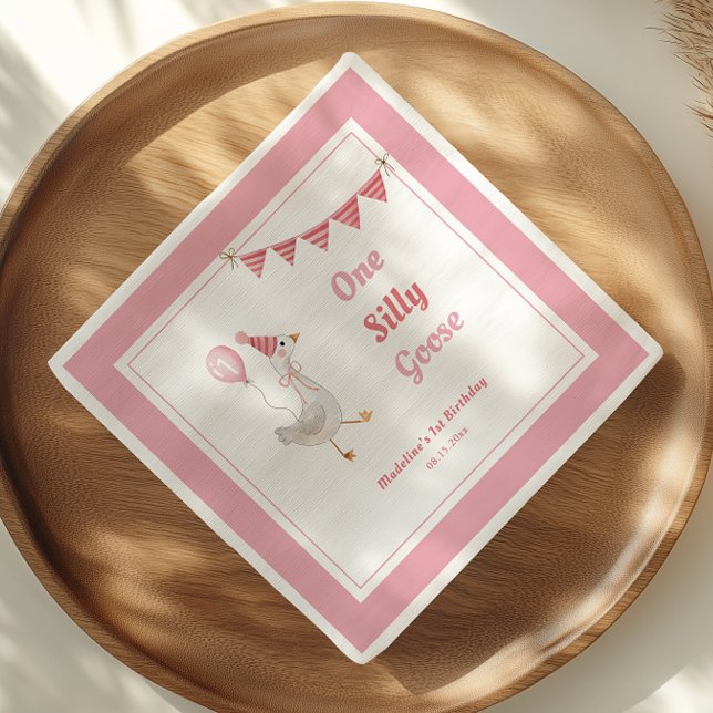One Silly Goose Pink Girl 1st Birthday Napkin (Creator Uploaded)