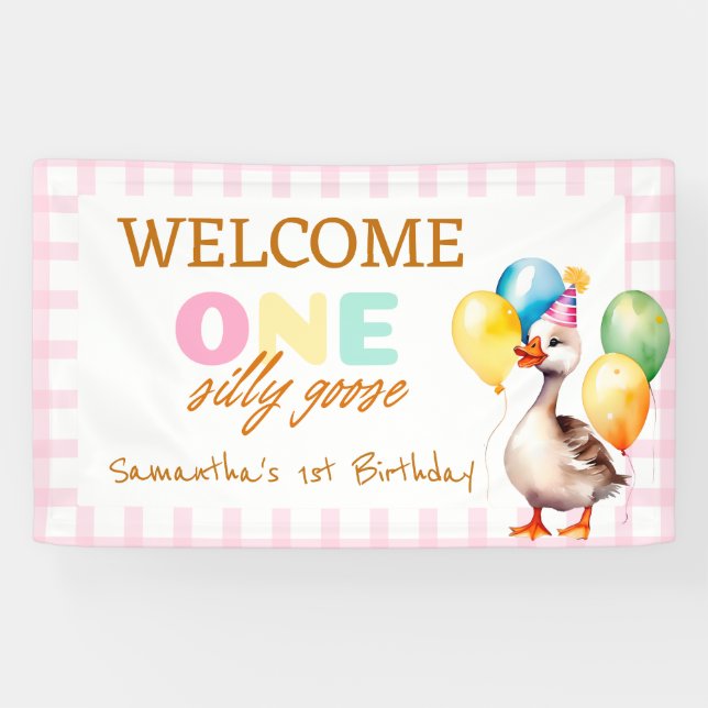 One Silly Goose  Pink Girl 1st Birthday Welcome Banner (Horizontal)