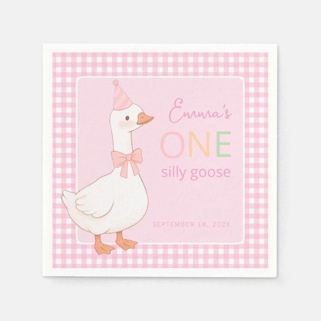 One Silly Goose Pink Girl First Birthday Party Hat Napkin (Front)