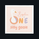 One Silly Goose Pink Girl First Birthday Party   Napkin<br><div class="desc">For a baby girl's first birthday with the theme "one silly goose". The word ONE has each letter in a different colour: red, orange and purple, and a white goose's head pops from the big O. The name is written in a red script. The background is blush pink. The goose...</div>