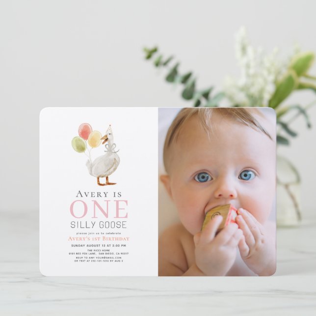 One Silly Goose Pink Girl Photo 1st Birthday Invitation (Standing Front)