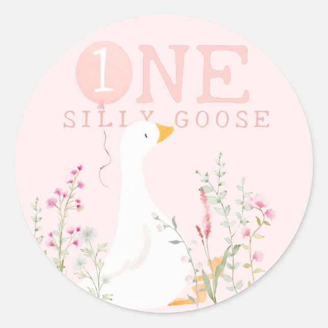 One Silly Goose Pink Girls 1st Birthday Classic Round Sticker (Front)