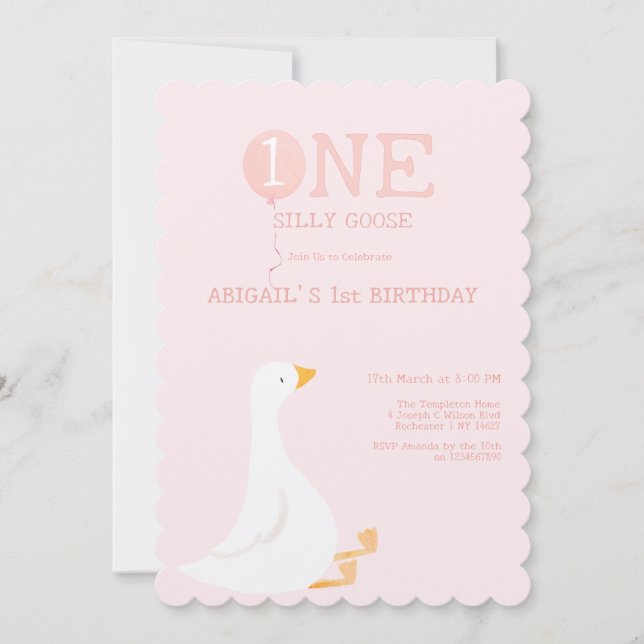 One Silly Goose Pink Girls 1st Birthday Invitation (Front)