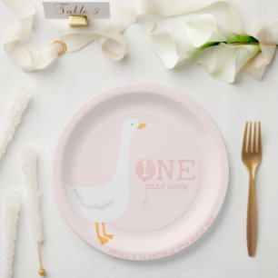 One Silly Goose Pink Girls 1st Birthday Paper Plate