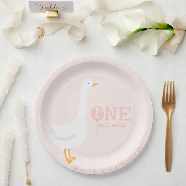 One Silly Goose Pink Girls 1st Birthday Paper Plate (Wedding)