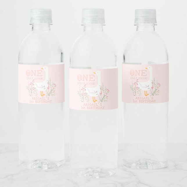 One Silly Goose Pink Girls 1st Birthday Water Bottle Label (Bottles)